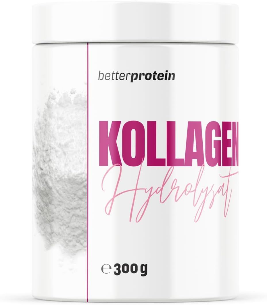 Weißer Behälter mit rosa Schriftzug: betterprotein KOLLAGEN Hydrolysat. Unten: e300g. Produktverpackung.