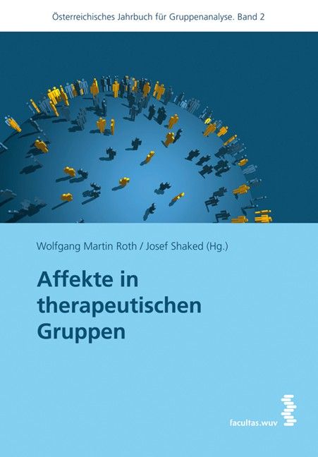 Buchcover: Affekte in therapeutischen Gruppen. Titel, Autoren, und eine Illustration von Figuren auf blauem Hintergrund.