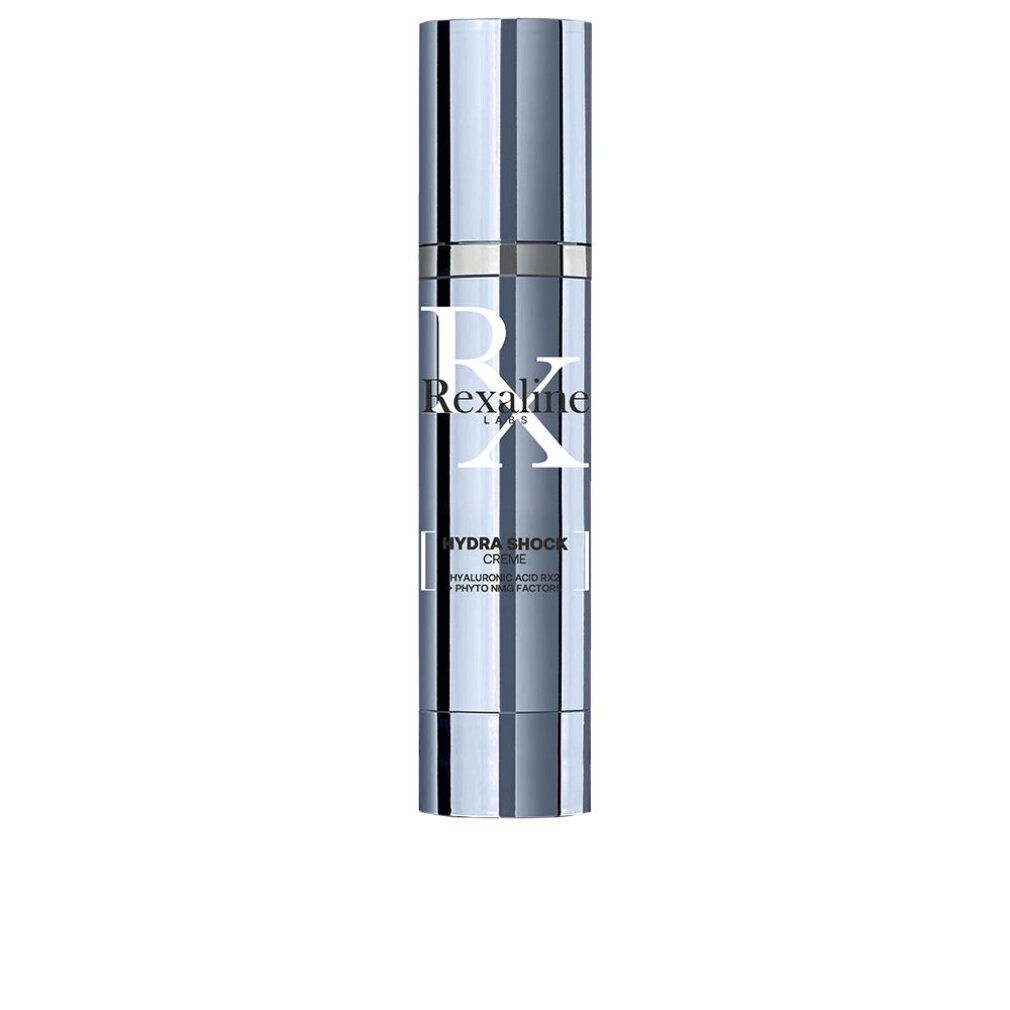 Silberne Rexaline Hydra Shock Creme-Flasche. Weißer Schriftzug: Rexaline, Hydra Shock Creme, Hyaluronsäure, Phyto NMF Faktoren.