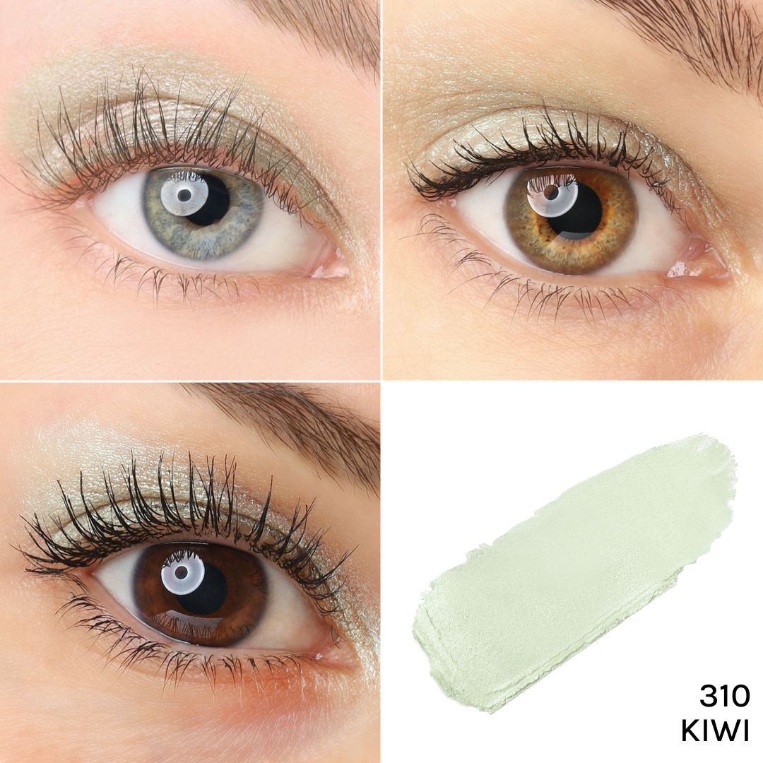 Augen-Nahaufnahmen mit grünem Lidschatten. Rechts unten: Lidschatten-Abstrich mit der Nummer 310.