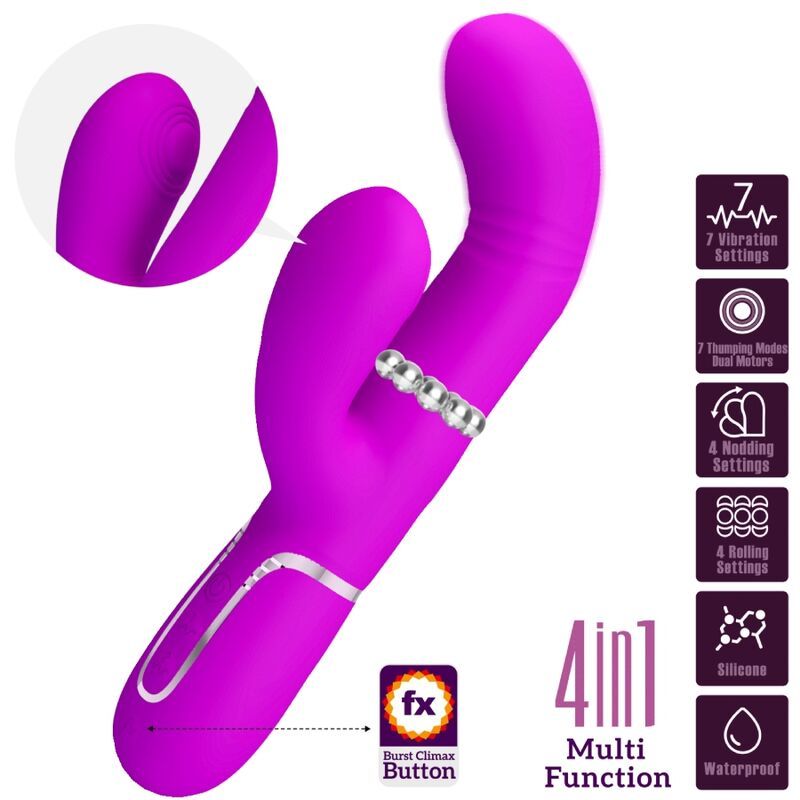 Lila Vibrator mit zwei Enden. Funktionen: 7 Vibrationen, 7 Modi, 4 Einstellungen, 4 Einstellungen. Silikon, wasserdicht.