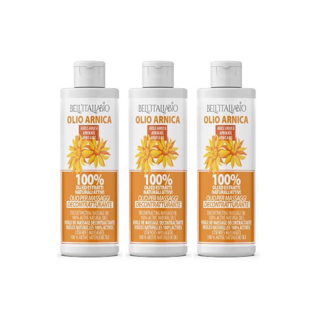 Drei weiße Flaschen mit Etiketten. Aufschrift: Olio Arnica. Gelbes Etikett mit Blüte und Text. Flaschen mit weißem Deckel.