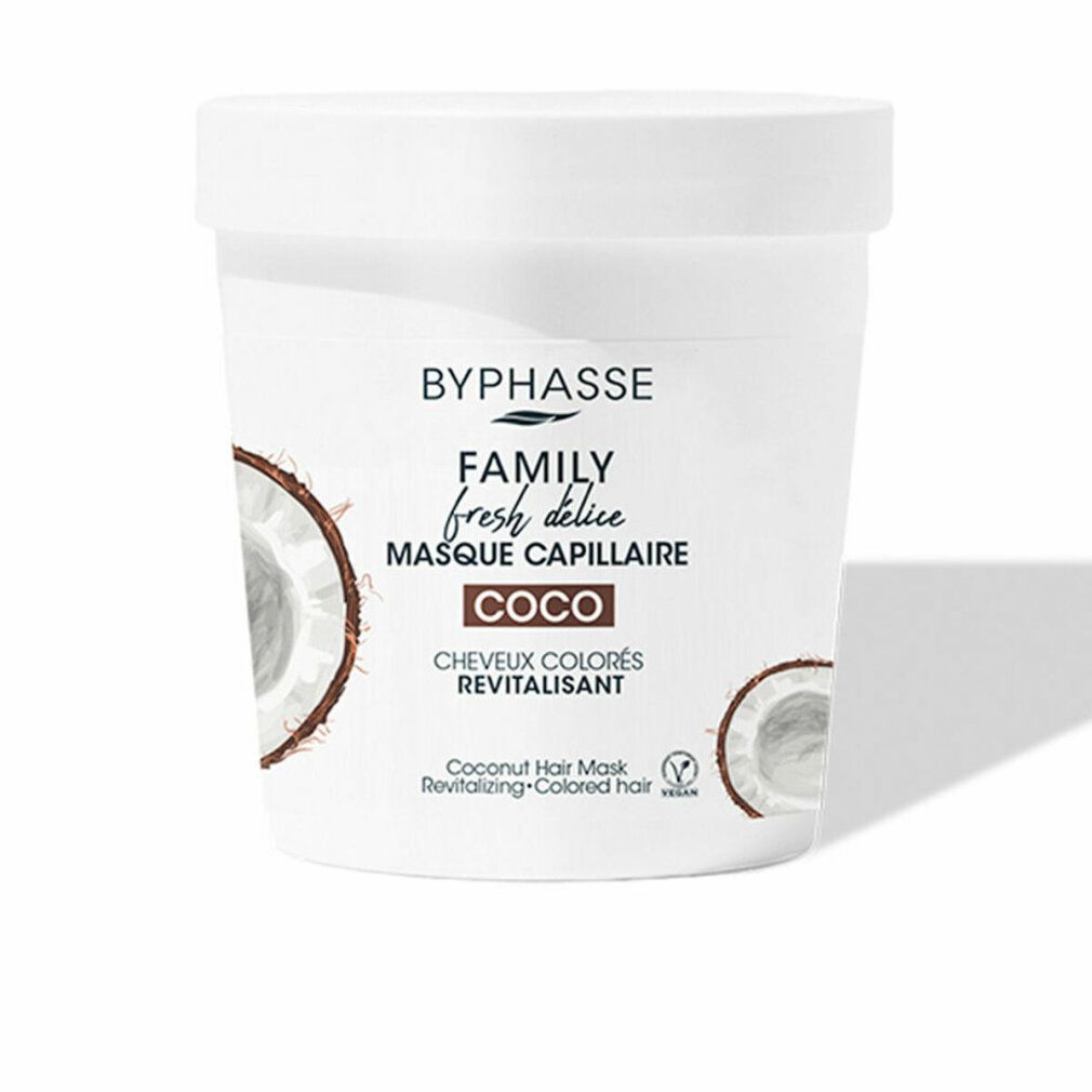 Weißer Tiegel mit Deckel. Aufschrift: Byphasse, Family Fresh Délice, Masque Capillaire Coco. Kokosnuss-Illustrationen.