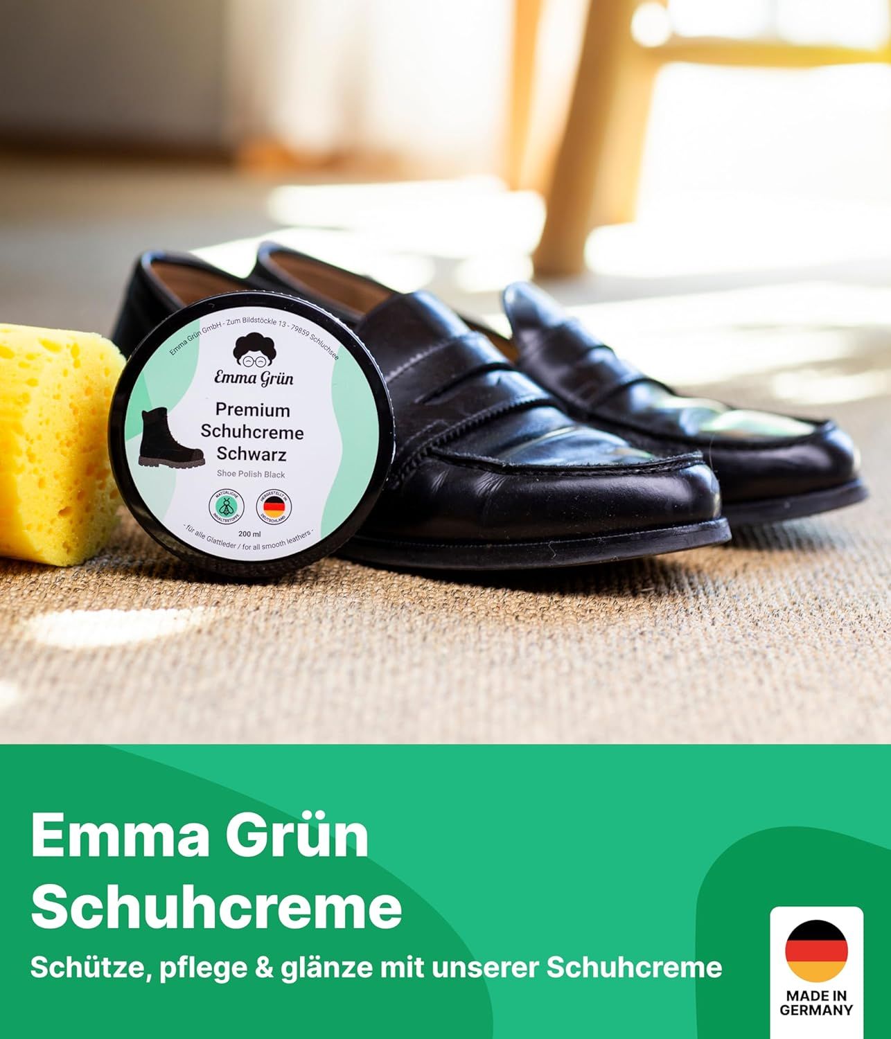 Emma Grün® Schuhcreme schwarz inkl. wiederverwendbarem Schwamm