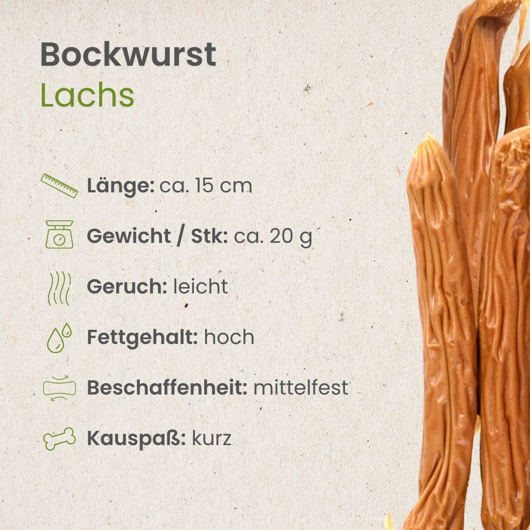 Bockwurst Lachs: ca. 15 cm lang, 20 g schwer, leicht im Geruch, hoher Fettgehalt, mittelfest.