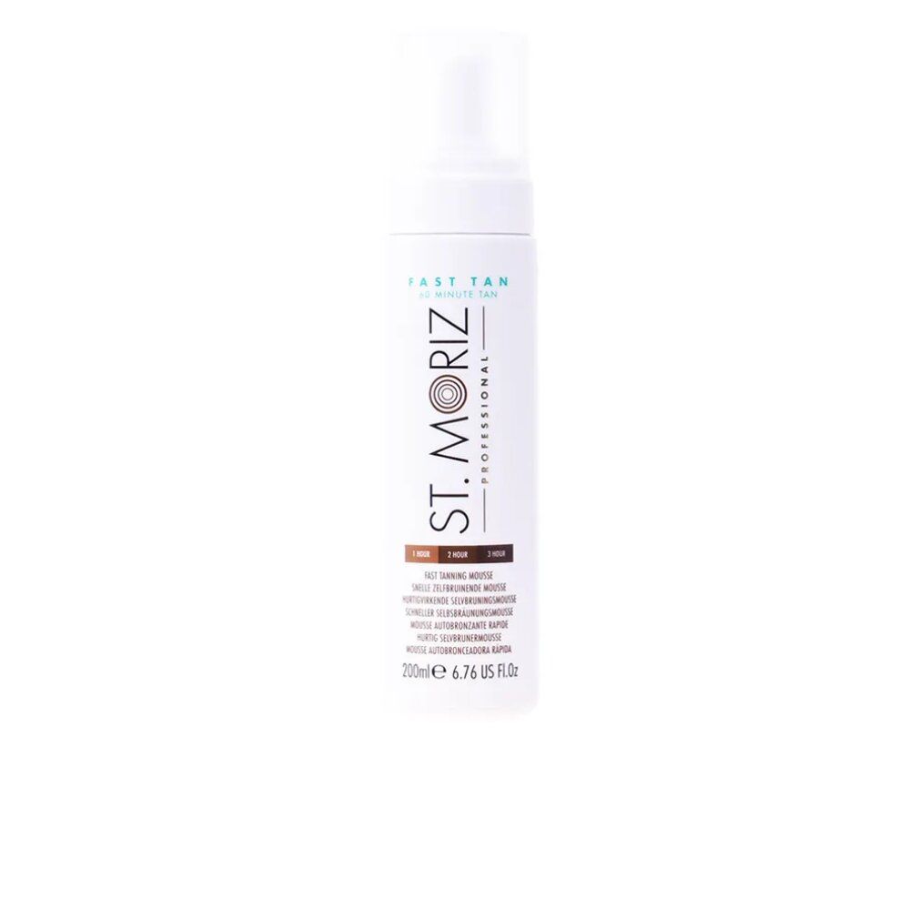 Weiße Flasche mit Sprühkopf. Aufschrift: St. Moriz Professional, Fast Tan. Farbnuancen: 1 Stunde, 2 Stunden, 3 Stunden. 200ml.