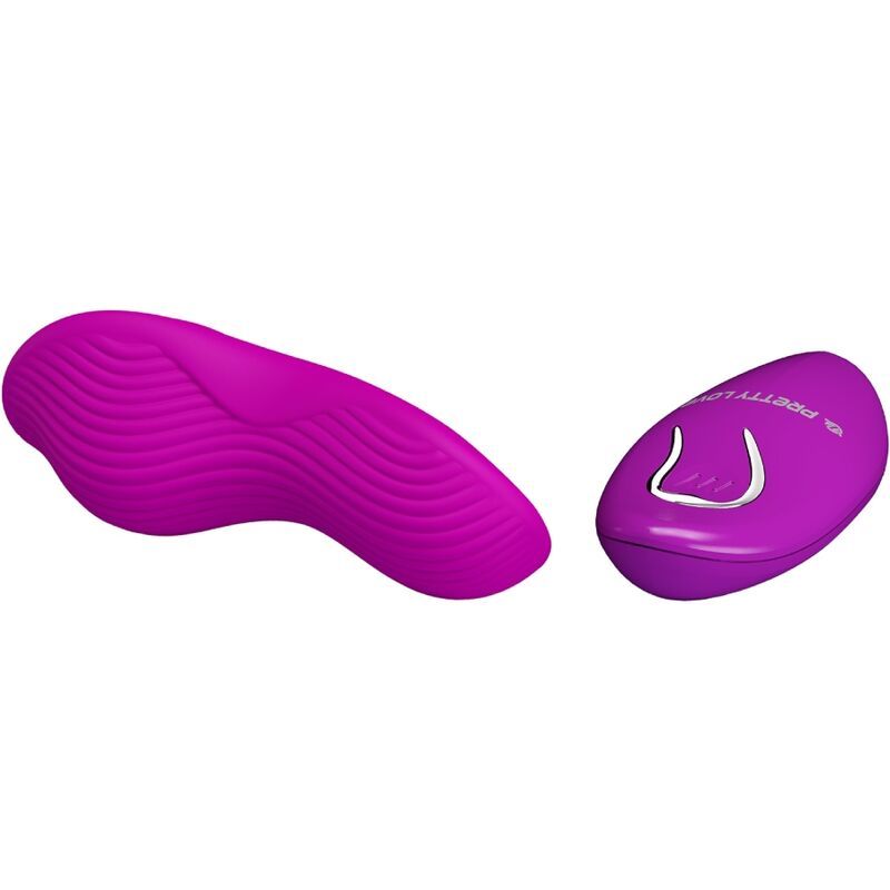 Lila Vibrator und Fernbedienung. Wellenmuster auf dem Vibrator. Die Fernbedienung hat eine ovale Form.