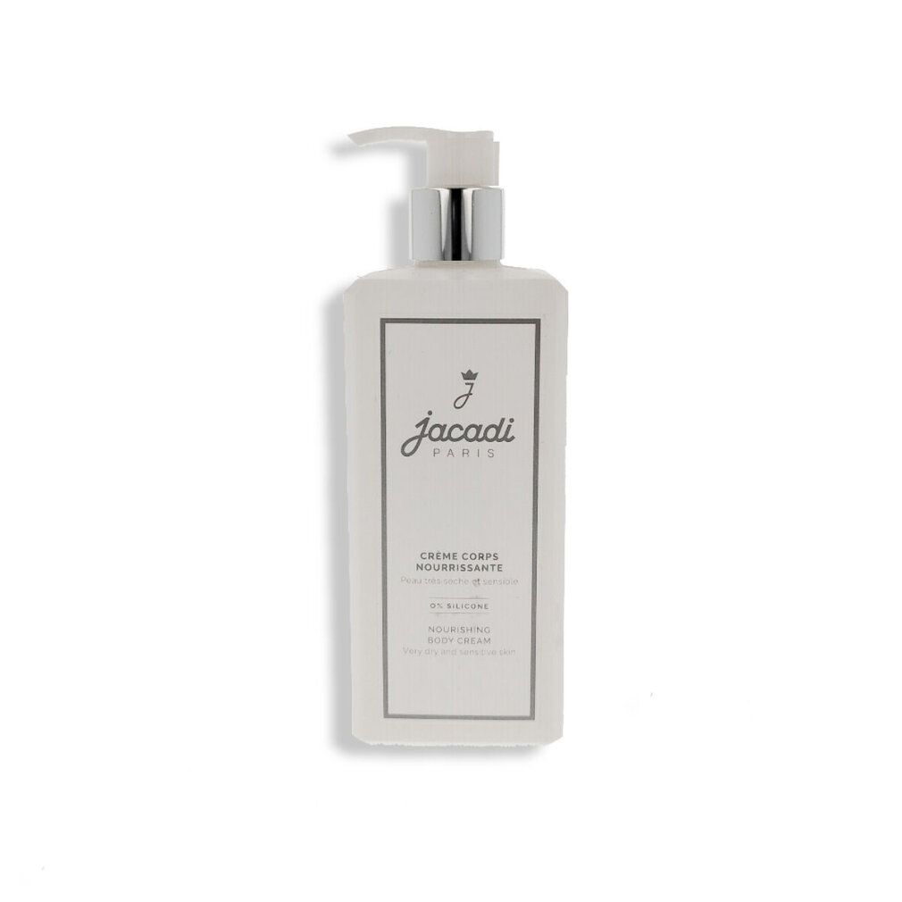 Weiße Flasche mit silbernem Pumpkopf. Aufschrift: Jacadi Paris, Crème Corps Nourrissante, Nourishing Body Cream.