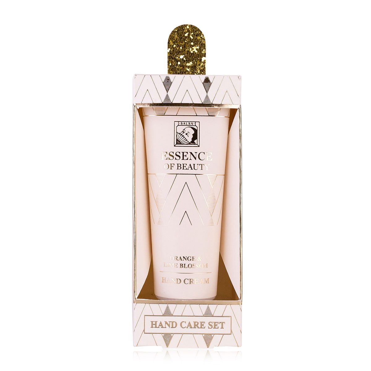 Ein beiges Handcreme-Set mit goldener Verzierung und einem gold-glitzernden Verschluss.