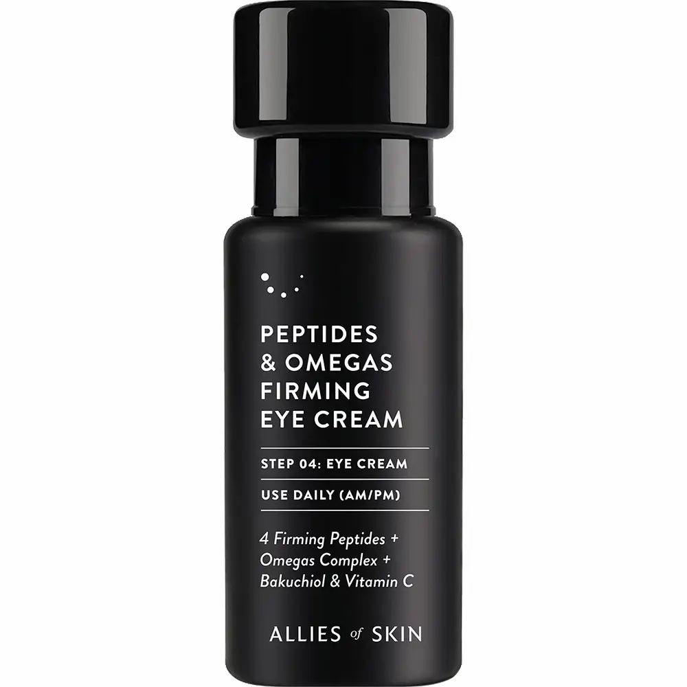Schwarze Flasche 'Peptides & Omegas Firming Eye Cream'. Text: 'ALLIES OF SKIN'.