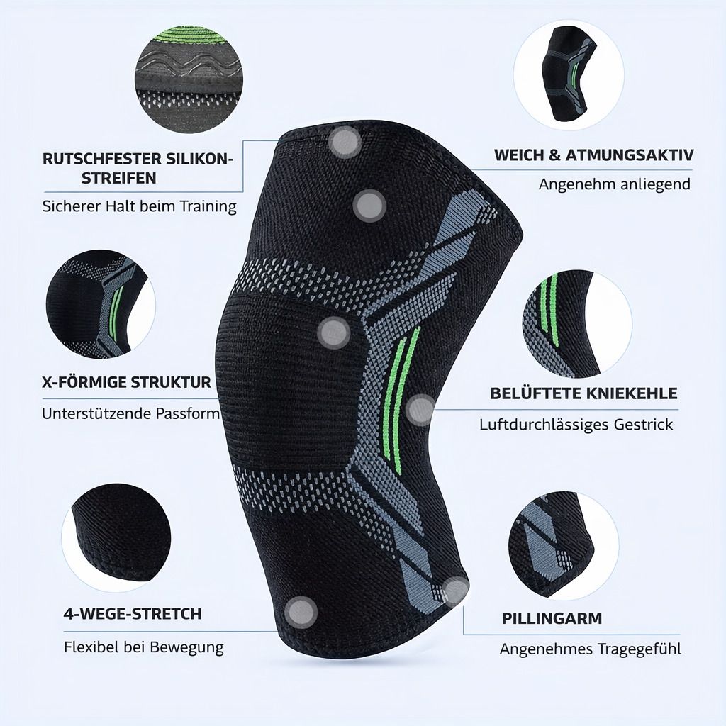 Schwarze Ellenbogenbandage mit Details: rutschfeste Silikonstreifen, X-förmige Struktur, 4-Wege-Stretch, belüftete Kniekehle, Pillingarm.
