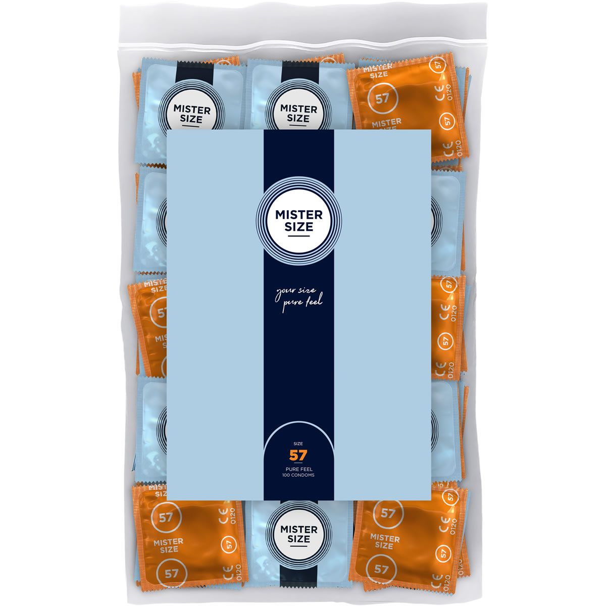 Confezione di preservativi. Visibile il testo "MISTER SIZE" e "57". Preservativi singoli blu e arancioni.