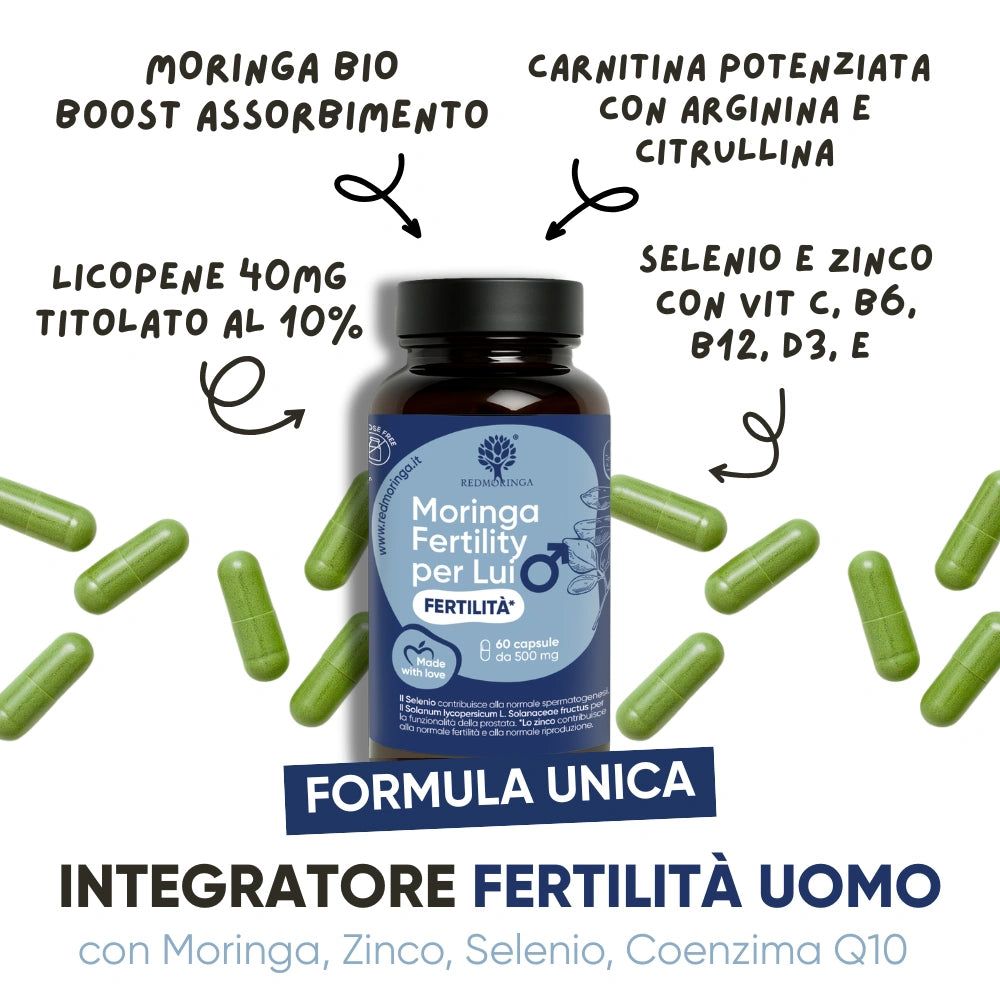 Flasche mit grünen Kapseln und Text: Moringa Fertility per Lui. Text: 60 Kapseln. Zusätzliche Pfeile mit Text.