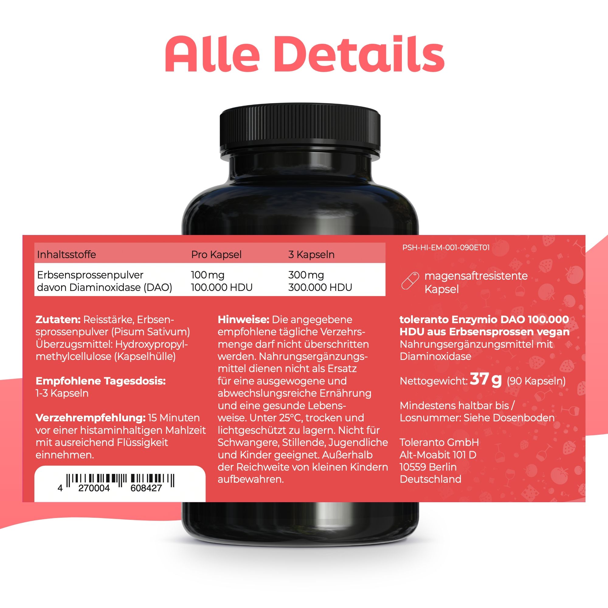 Schwarze Flasche mit Kapseln. Aufschrift: toleranto Enzymio DAO, 100.000 HDU. Detailansicht der Inhaltsstoffe und Hinweise.