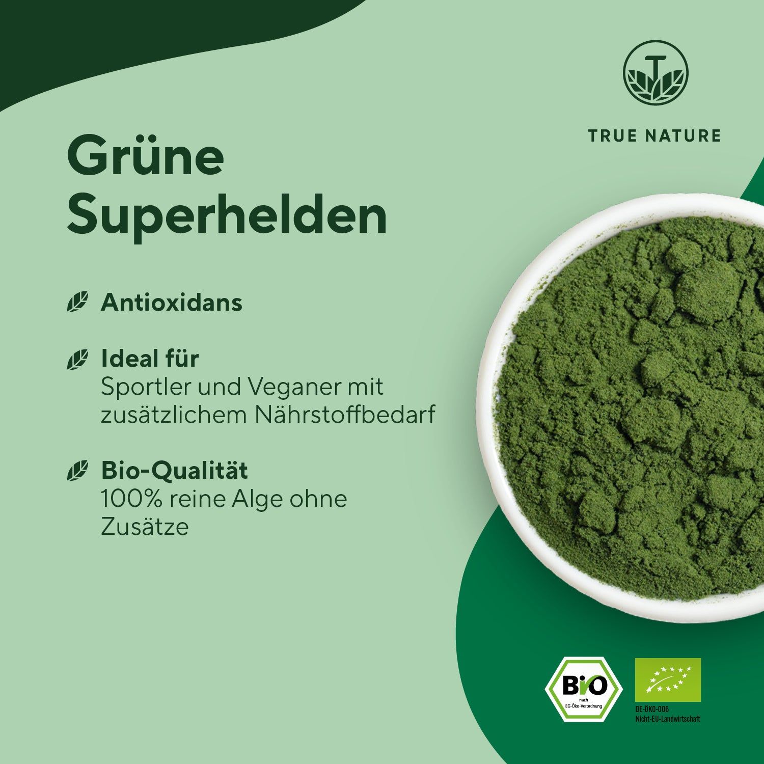 Grünes Pulver in weißer Schale. Text: Antioxidantien, ideal für Sportler und Veganer, Bio-Qualität.