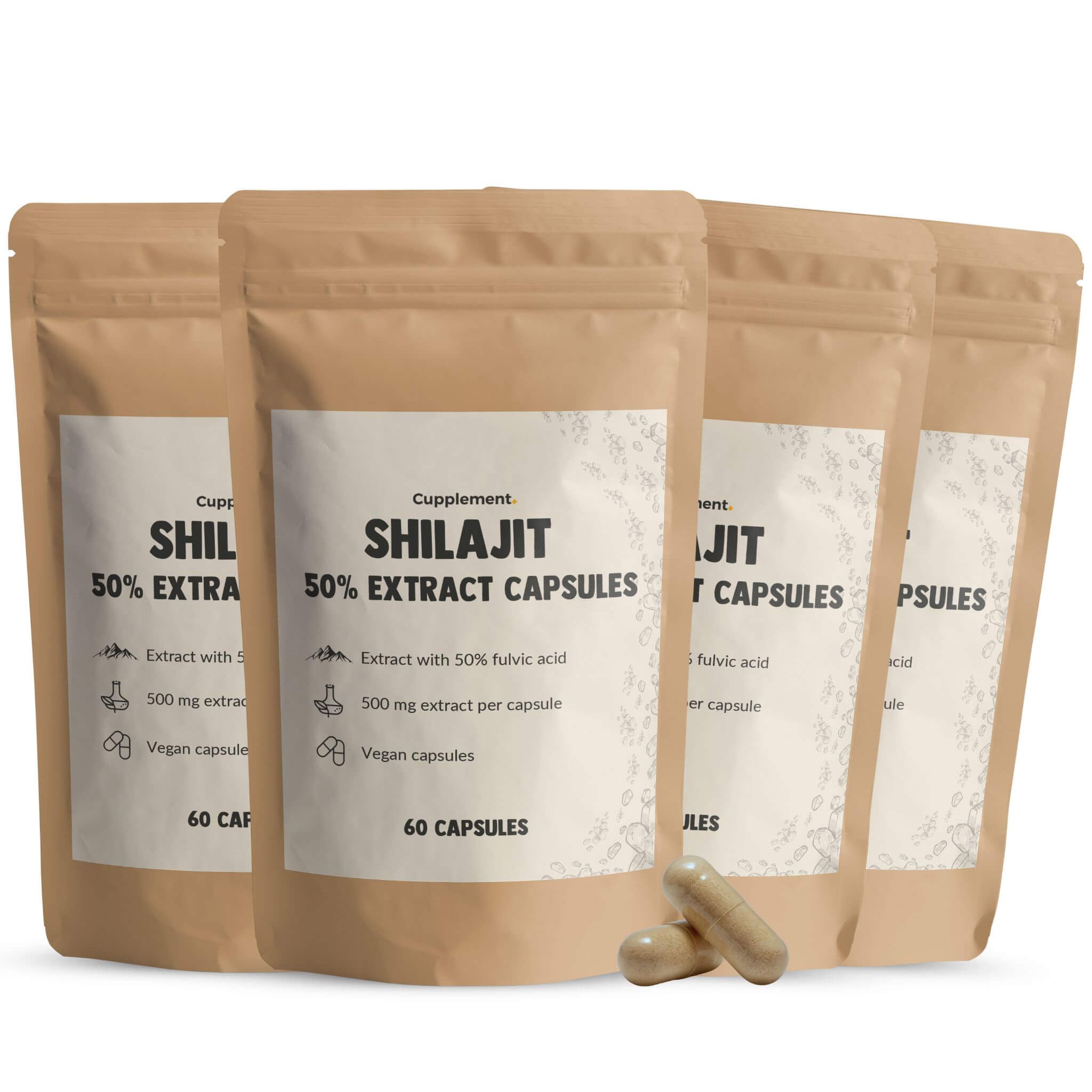 Mehrere Beutel mit Shilajit Extrakt Kapseln. Aufschrift: 50% Extrakt, 500 mg, vegane Kapseln, 60 Kapseln.