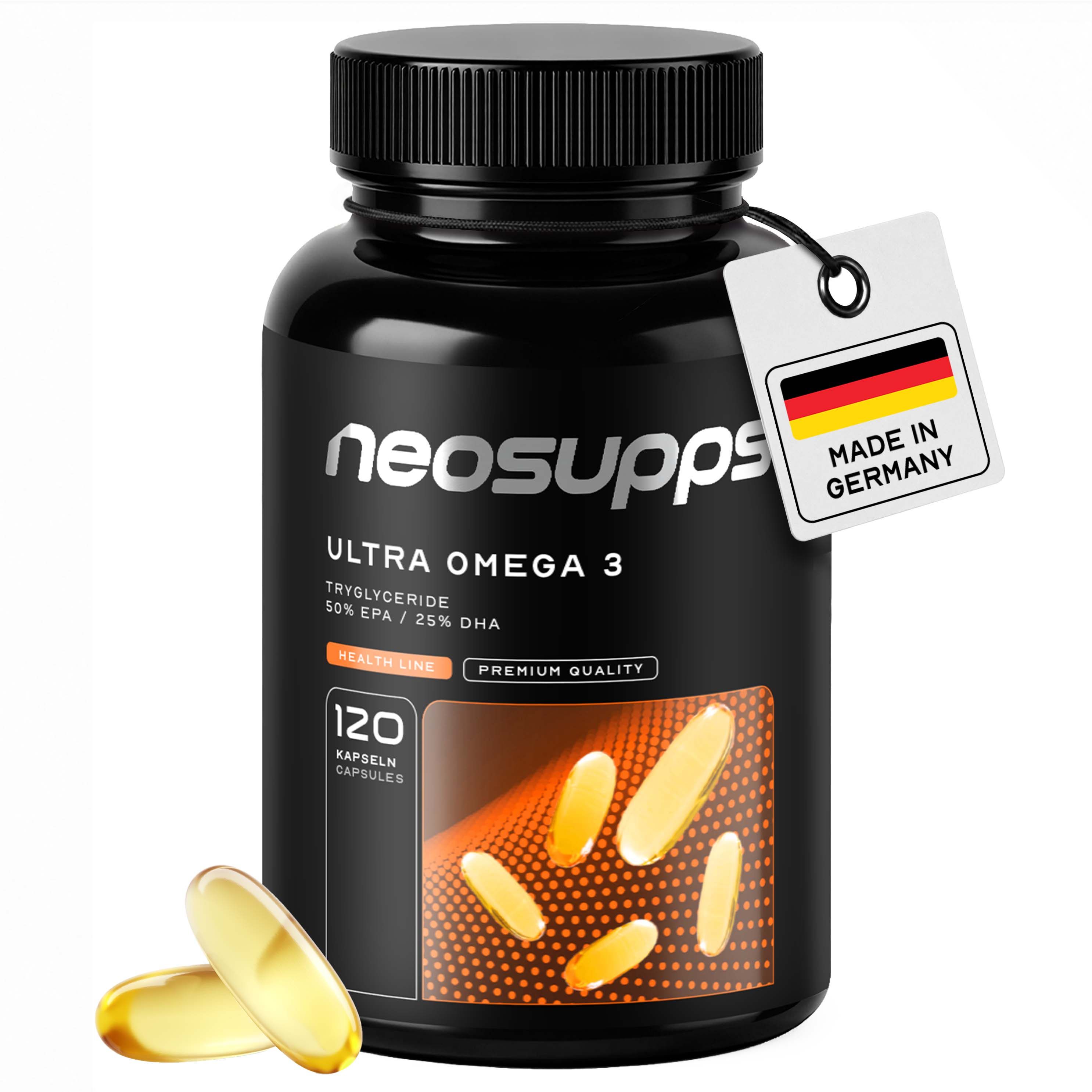 Schwarze Dose Neosupps Ultra Omega 3 mit 120 Kapseln und deutscher Flagge.
