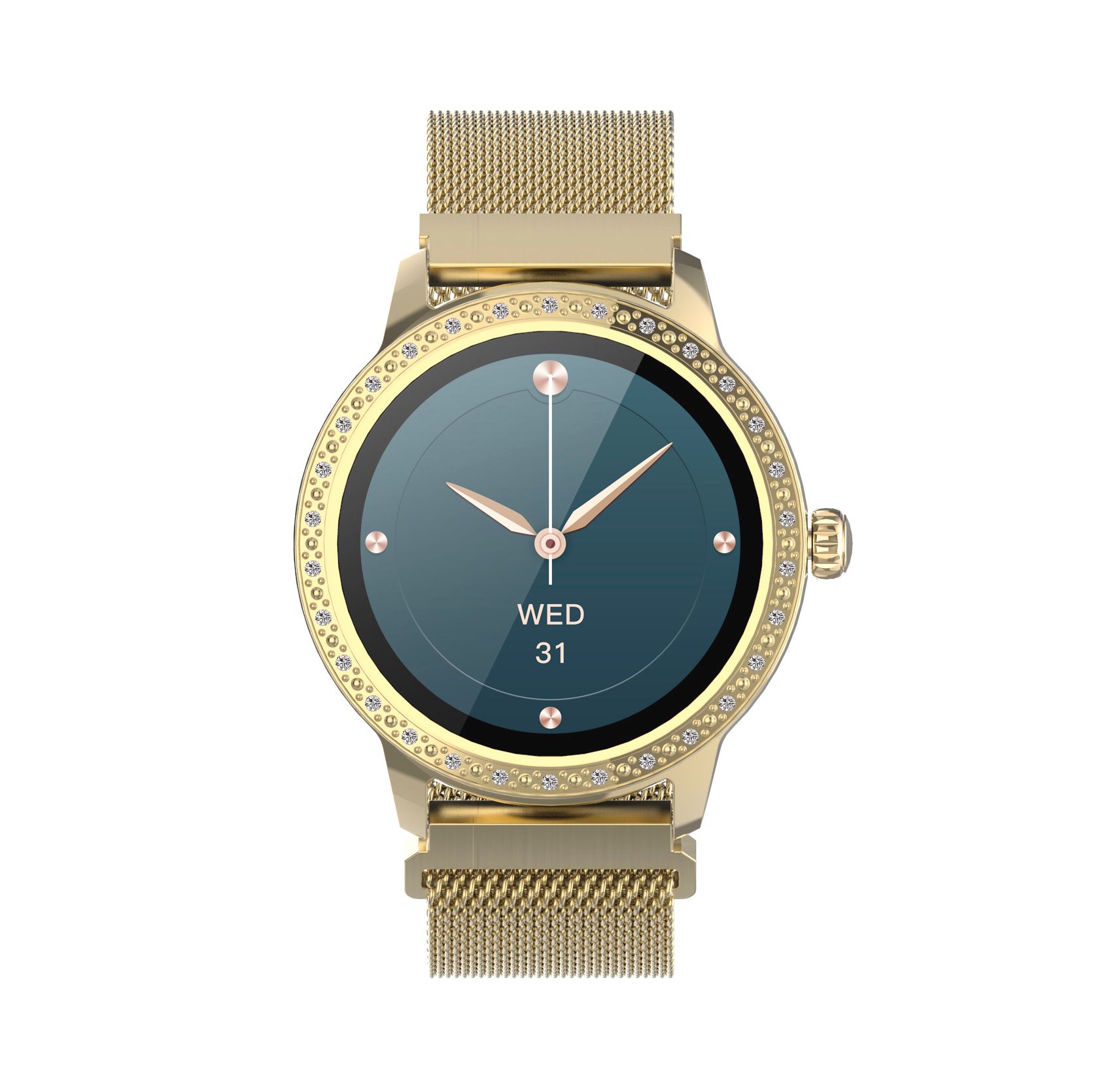 Draufsicht auf goldene Smartwatch mit Mesh-Armband. Dunkelgrünes Zifferblatt mit Zeigern und Indizes. Schmucksteine.