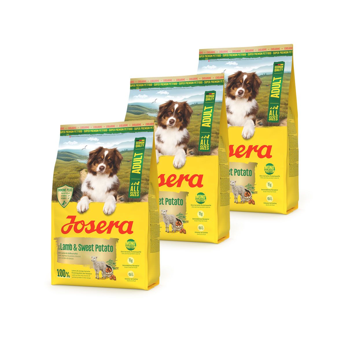Drei Säcke Josera Lamm & Süßkartoffel Hundefutter mit einem Hund auf der Vorderseite.