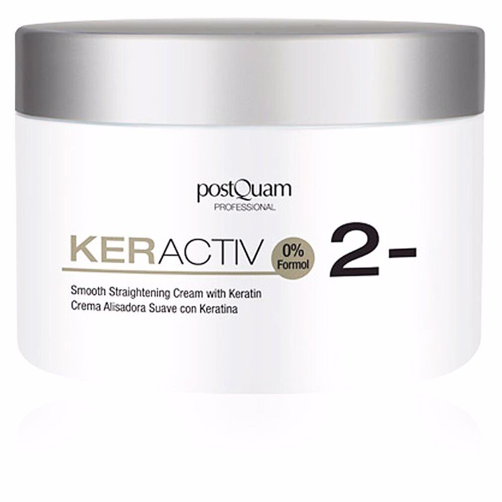 PostQuam Keractiv 2- Glättende Creme mit Keratin, 0% Formaldehyd. Weiße Dose mit silbernem Deckel.