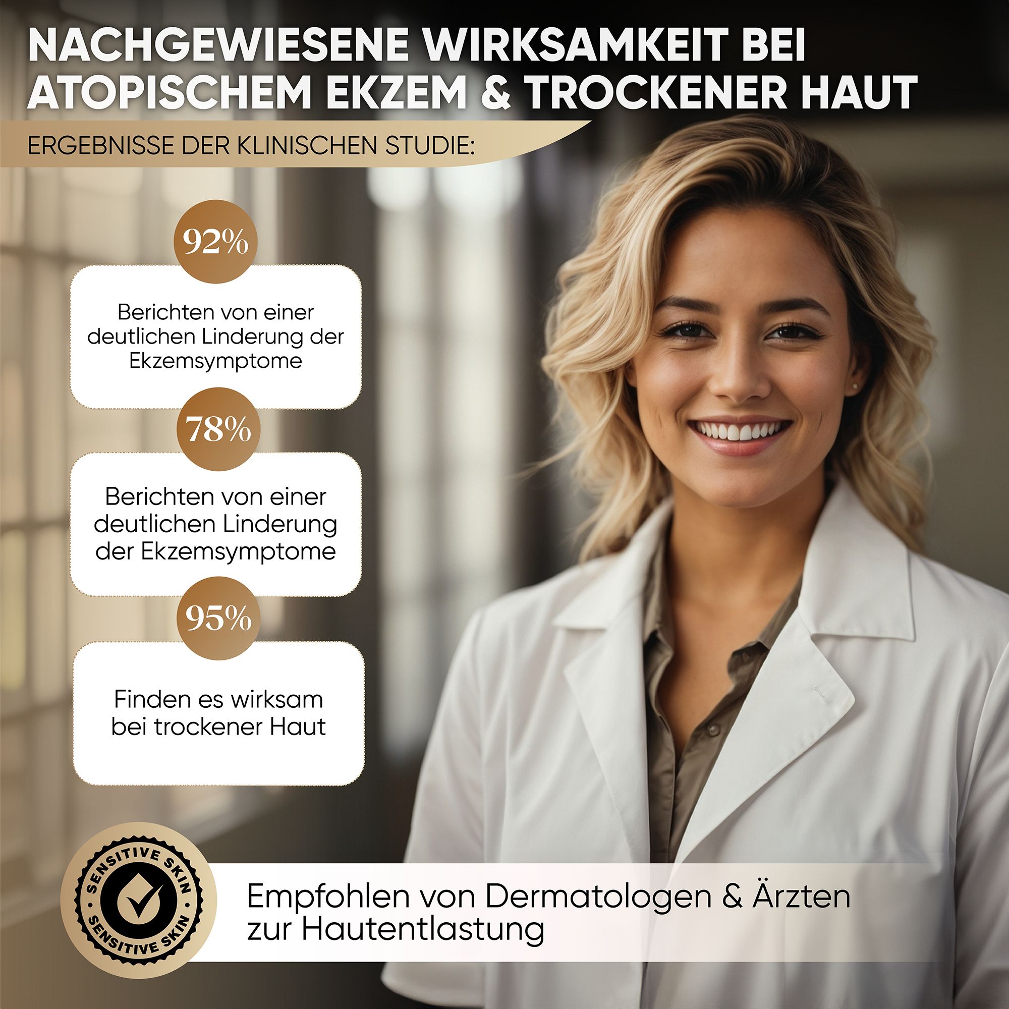 Frau im weißen Kittel lächelt. Text: 'Nachgewiesene Wirksamkeit bei atopischem Ekzem & trockener Haut'.