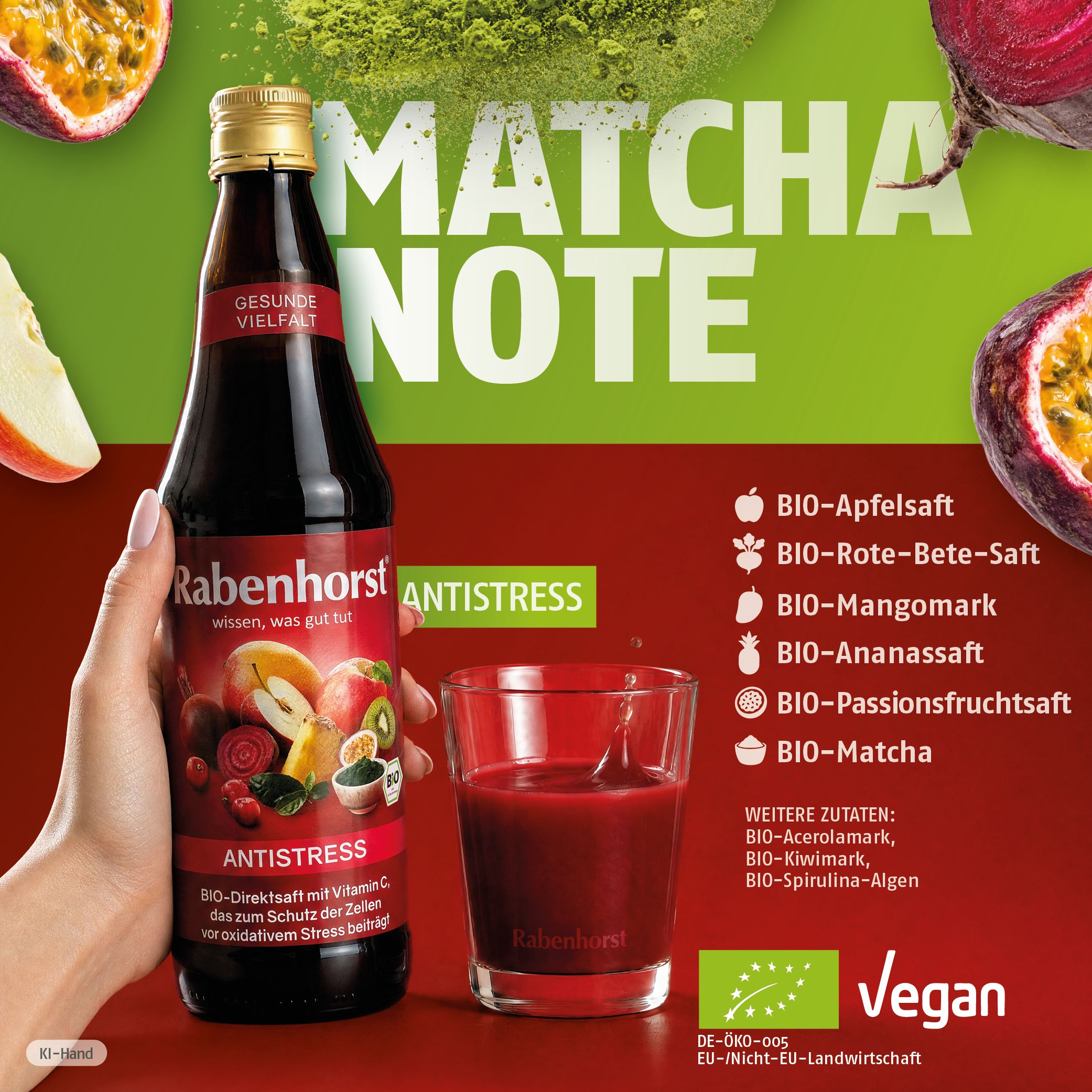 Rabenhorst Antistress BIO Saft in einer Flasche und einem Glas, umgeben von Früchten wie Passionsfrucht und Apfel.