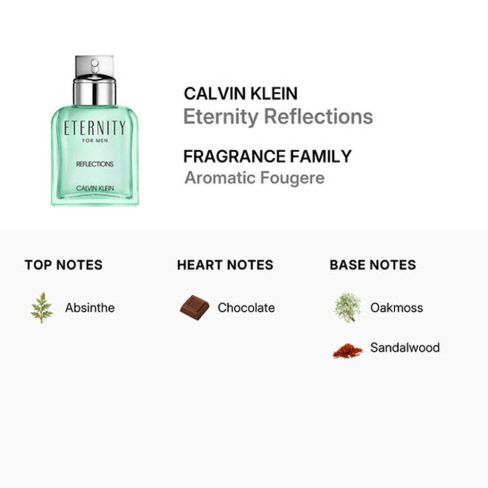 Produktinformationen. Aufschrift: CALVIN KLEIN Eternity Reflections, Duftfamilie: Aromatisch Fougere. Noten: Absinth, Schokolade, Eichenmoos, Sandelholz.