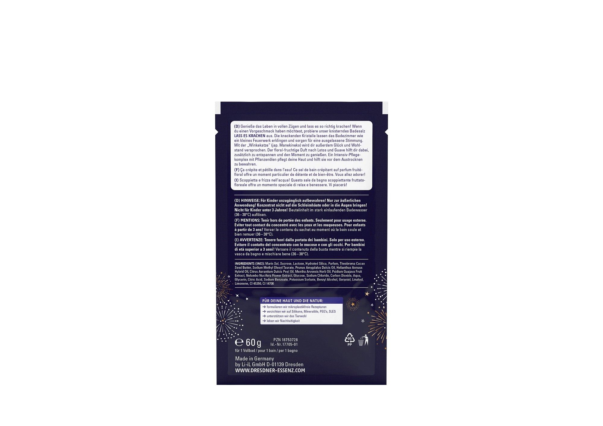 Dunkelblaues Sachet mit Text und Illustrationen. Enthält Informationen zum Produkt. Marke: Dresdner Essenz.