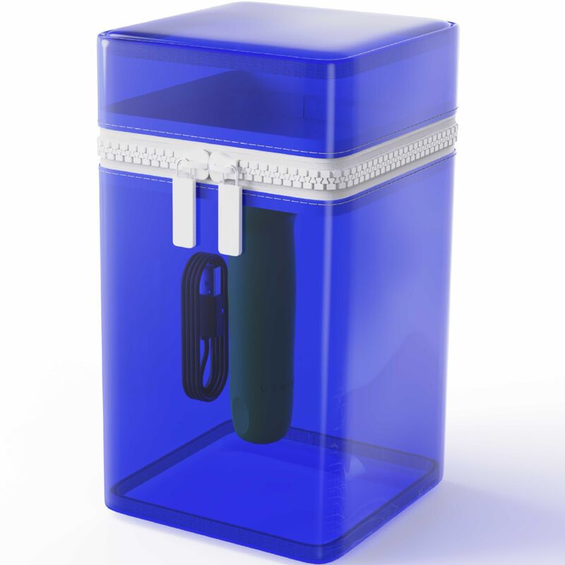 Transparente blaue Aufbewahrungsbox mit Reißverschluss. Enthält einen Vibrator und ein Ladekabel.