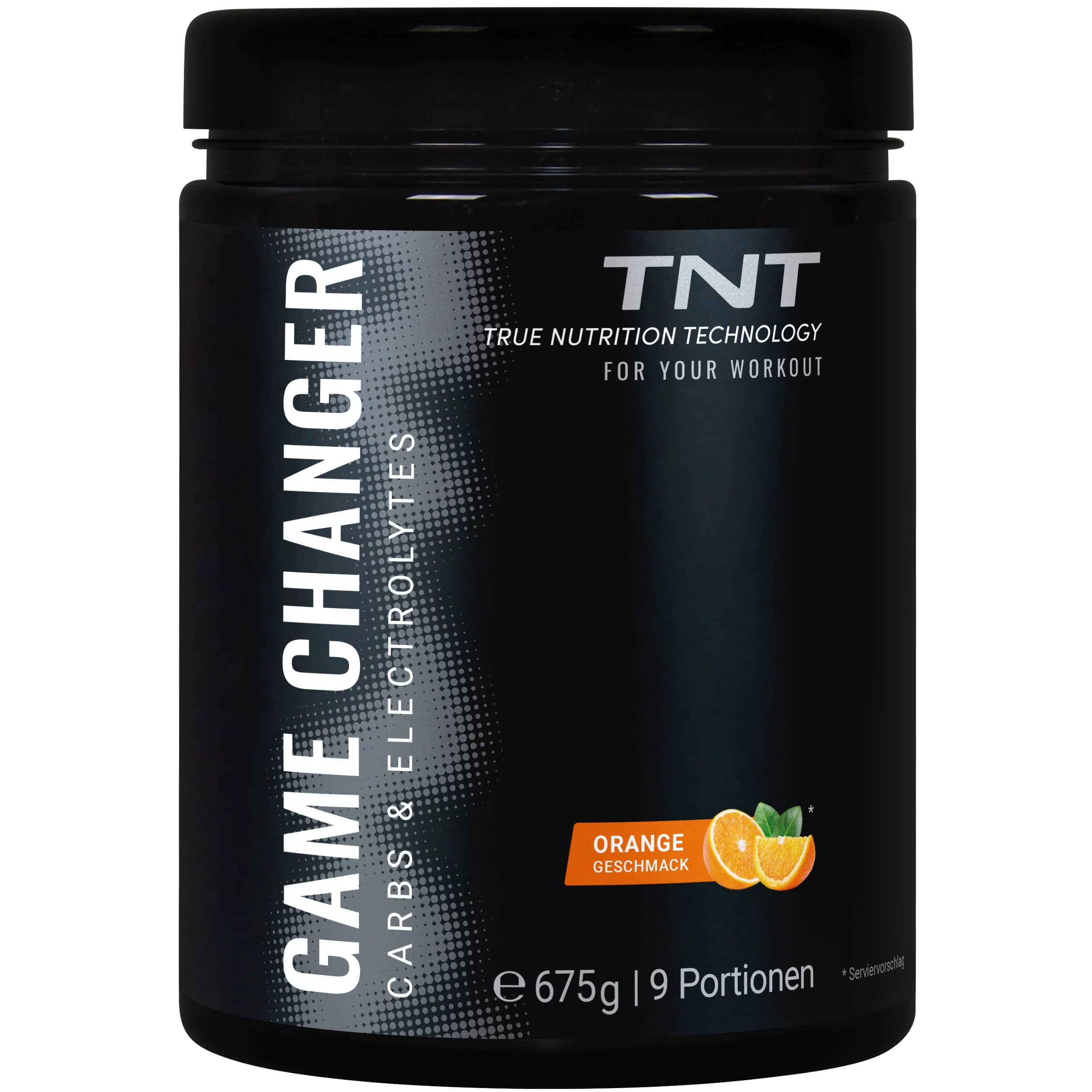 Schwarzer Behälter mit weißer Aufschrift. Enthält TNT, Game Changer, Carbs & Electrolytes. Orange Geschmack. 675g, 9 Portionen.
