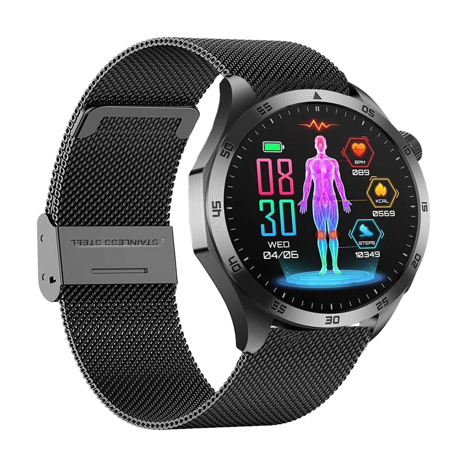 Schwarze Smartwatch mit Metallarmband. Rundes Zifferblatt mit Gesundheitsdaten, Körperabbildung und Uhrzeit. Edelstahl-Schließe.