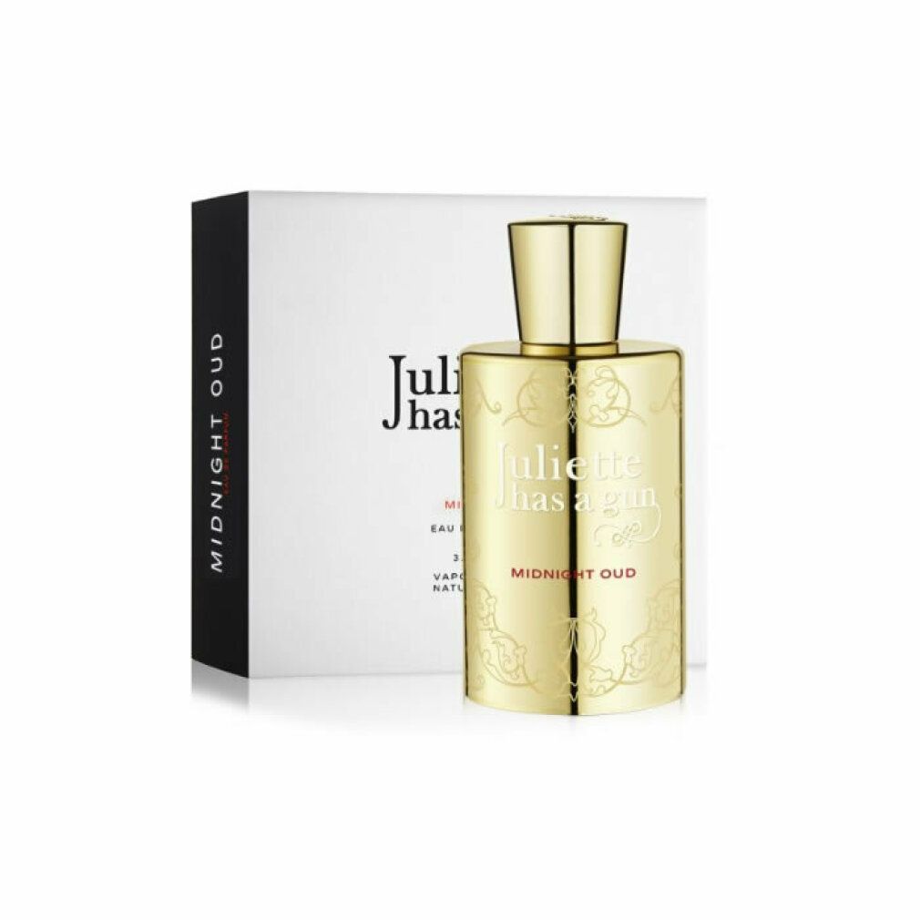 Goldfarbener Flakon mit goldener Kappe. Aufschrift: Juliette Has a Gun Midnight Oud. Steht vor einer weißen Schachtel.