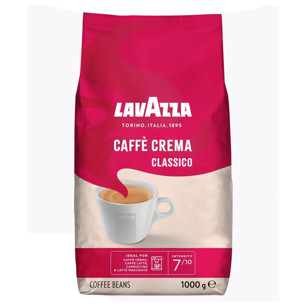 Verpackung Lavazza Caffe Crema Classico. Rote und beige Verpackung mit Logo, Produktname und Kaffeetasse-Illustration.
