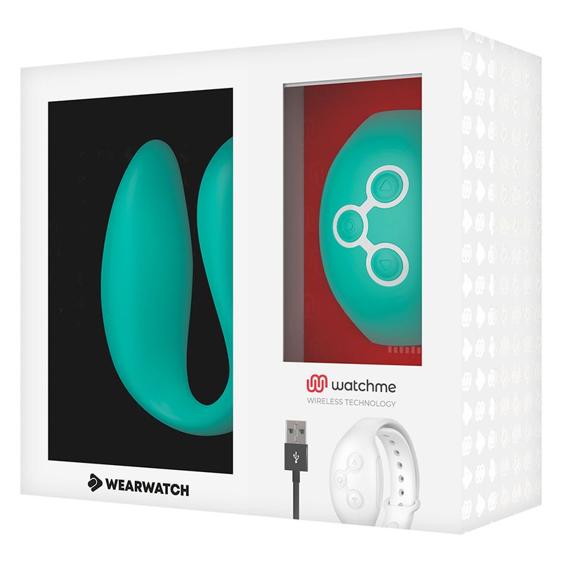 Verpackung mit Wearwatch-Produkt und Armband. Das Wearwatch-Produkt ist türkisfarben. Enthält ein USB-Kabel.