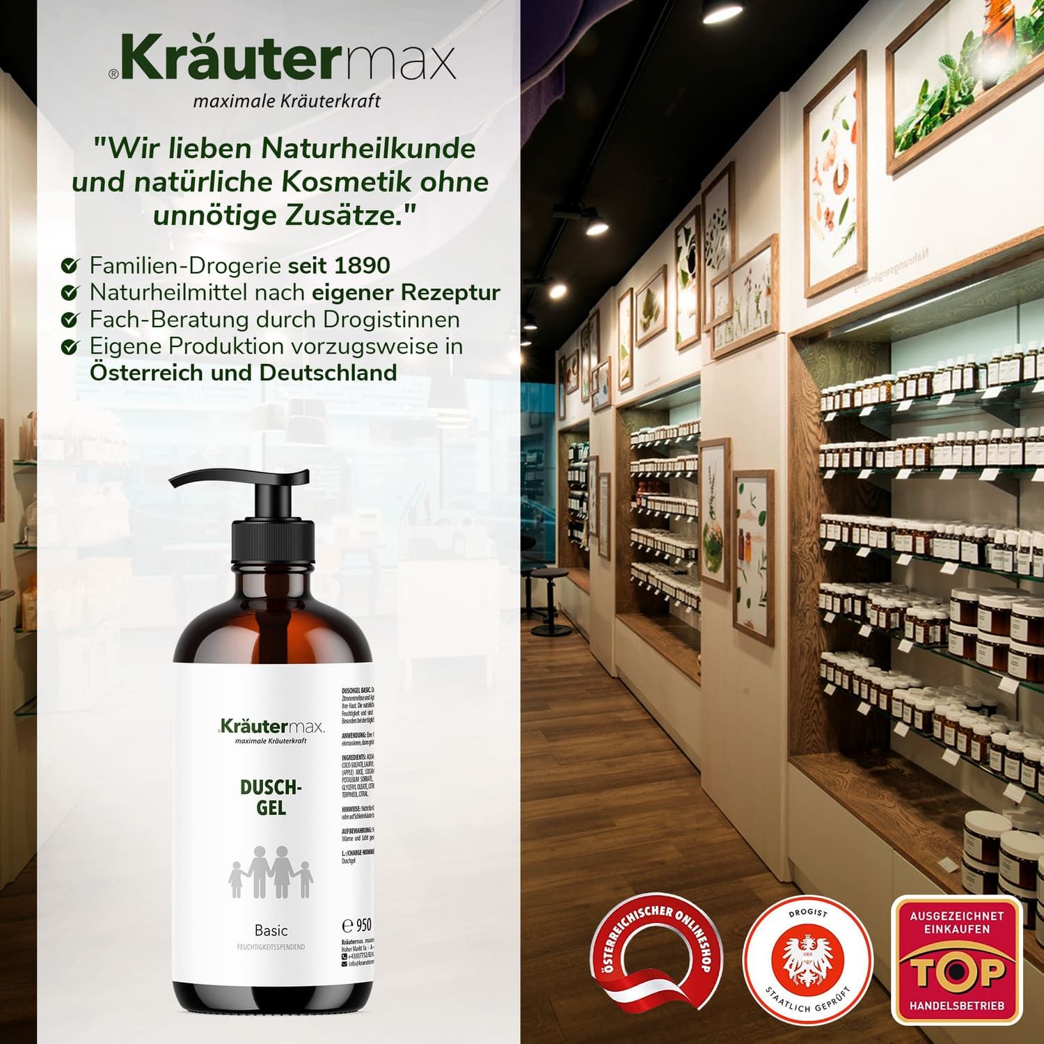 Drogerie-Innenraum mit Produktflasche. Braune Flasche mit schwarzem Pumpkopf. Regale mit Produkten. Zertifizierungen und Auszeichnungen.