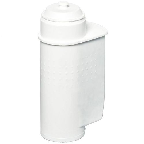 Weißer Wasserfilter mit Deckel. Zylindrischer Körper mit erhabenen Punkten. Oberteil mit rundem Deckel.