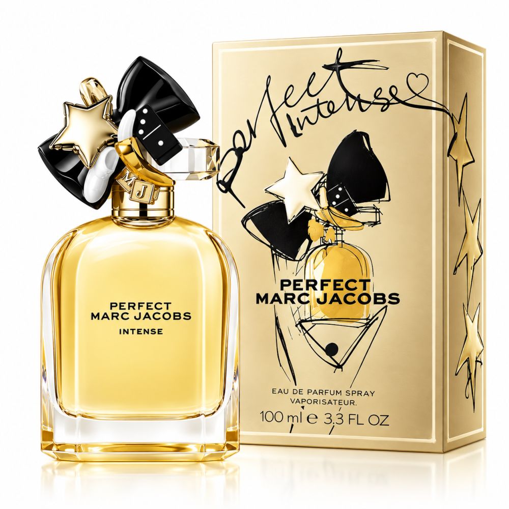 Marc Jacobs Perfect Intense Eau de Parfum Flakon und Schatulle mit Stern- und Schleifenmotiv.