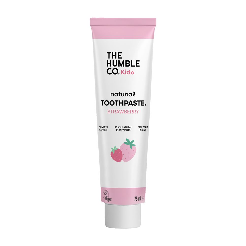 Zahncreme-Tube für Kinder. Weiß mit rosa Akzenten. Logo und Schriftzug "Kids Zahnpasta Erdbeere". Mit Erdbeer-Illustration.