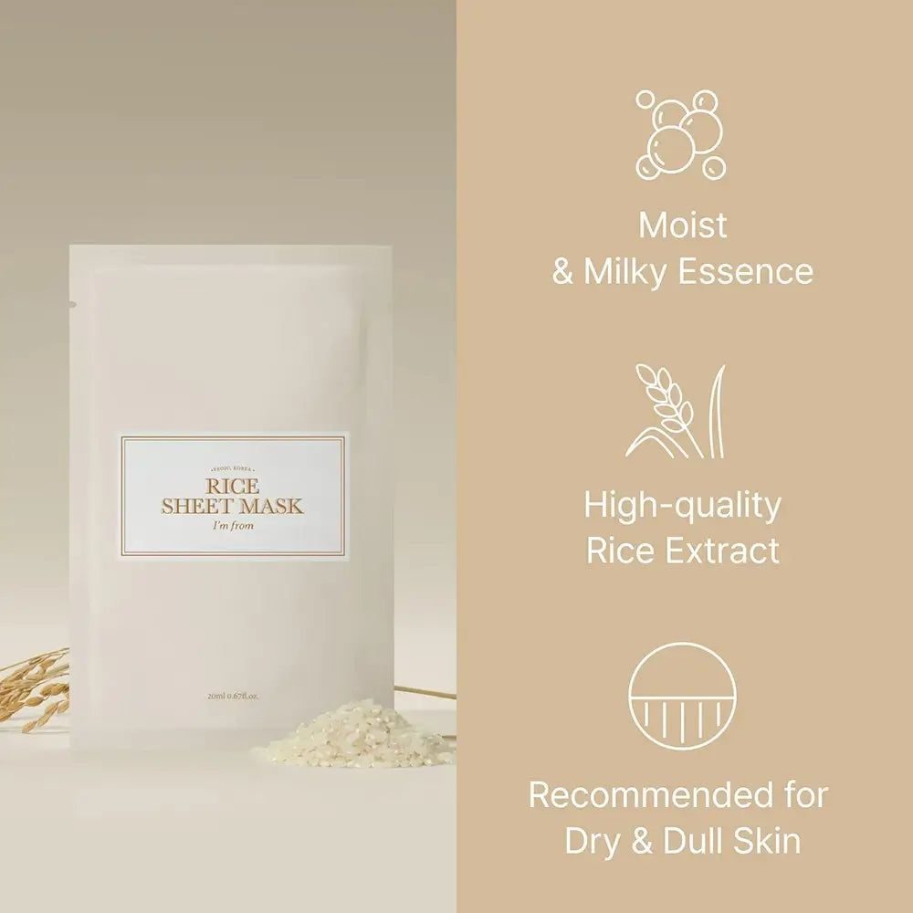 Verpackung einer Reis-Tuchmaske mit der Aufschrift 'Rice Sheet Mask'. Daneben sind Symbole für feuchte, milchige Essenz, Reisextrakt und Empfehlung für trockene Haut.