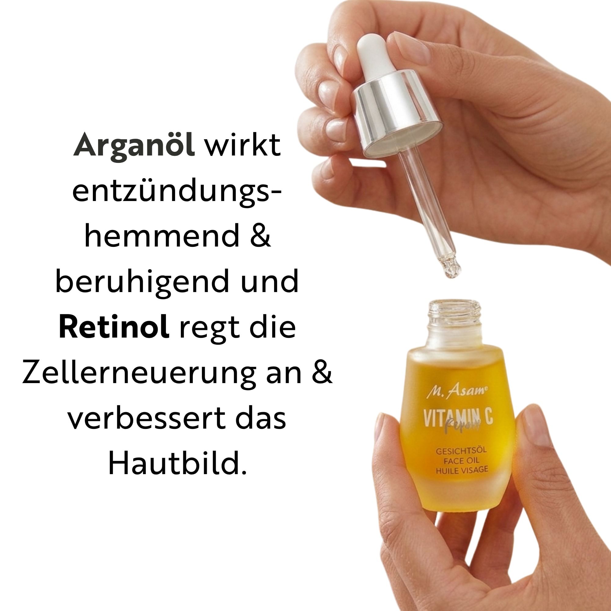 M. Asam Vitamin C Gesichtöl in Glasflasche mit Pipette. Text: Arganöl wirkt entzündungshemmend & beruhigend und Retinol regt die Zellerneuerung an & verbessert das Hautbild.