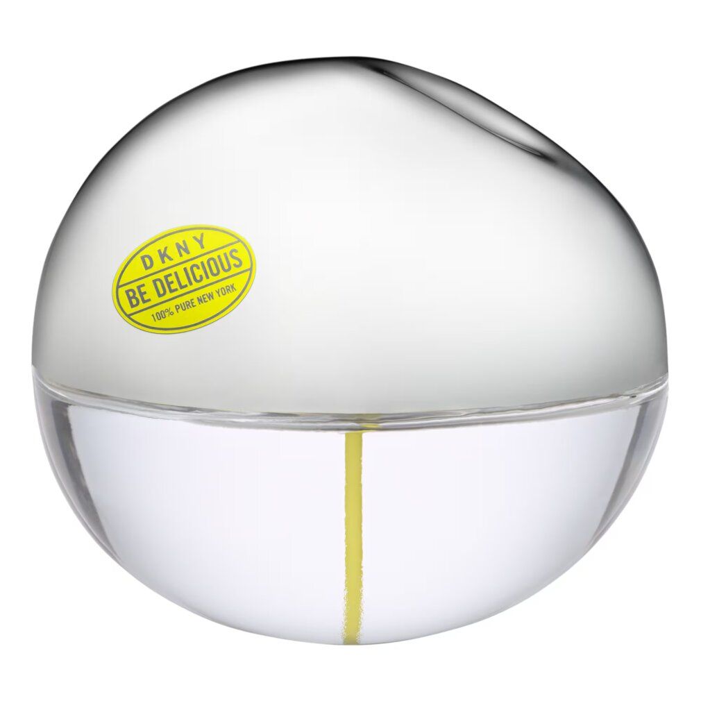 DKNY Be Delicious Eau de Toilette Spray. Runde, transparente Flasche mit gelbem Logo. Silberner Deckel.
