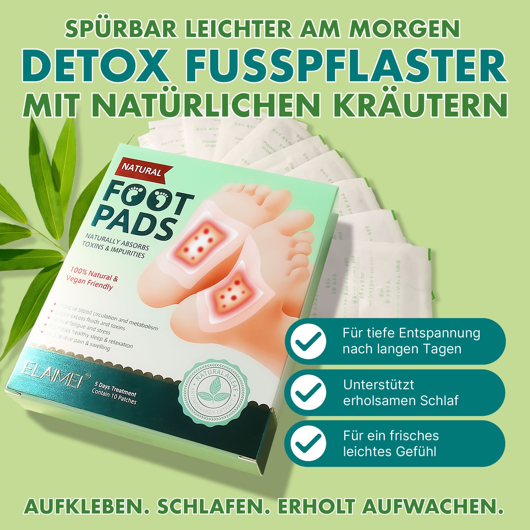 Verpackung von 'Detox Fußpflaster mit natürlichen Kräutern' mit Abbildung von Füßen mit Pflastern.