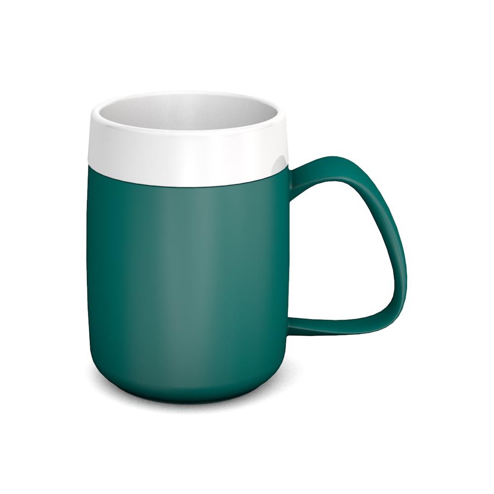 Becher mit großem Henkel, grün und weiß. Zylindrische Form, großer Henkel. Weißer Rand.