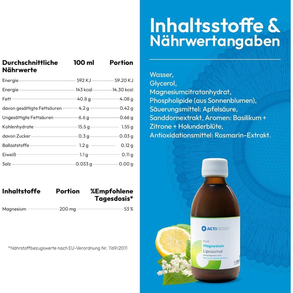Nährwertangaben und Inhaltsstoffe. Flasche mit Produkt daneben. Magnesium 200 mg pro Portion, 53% empfohlene Tagesdosis.