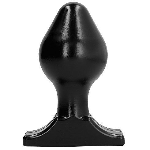 Schwarzer Buttplug mit konischer Form und breiter Basis. Die Basis hat eine rechteckige Form.