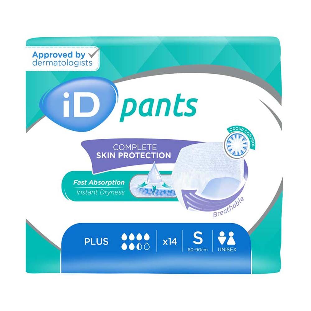 Verpackung iD Pants Plus S. Aufdrucke: iD, Pants, Complete Skin Protection, Fast Absorption, Instant Dryness, Plus, x14, S, Unisex.