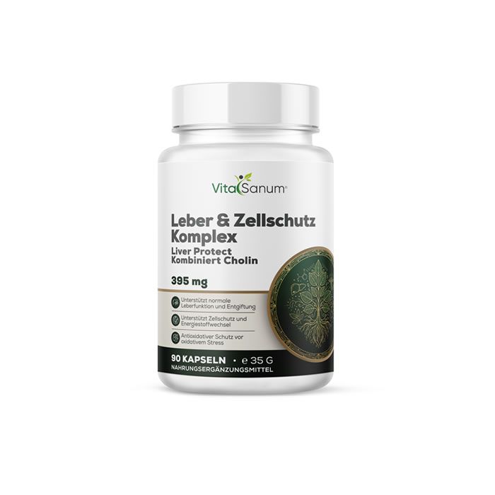 Weiße Flasche mit VitaSanum®-Etikett. Aufschrift: Leber & Zellschutz Komplex, 395 mg, 90 Kapseln. Grün-braunes Etikett mit Baum-Motiv.