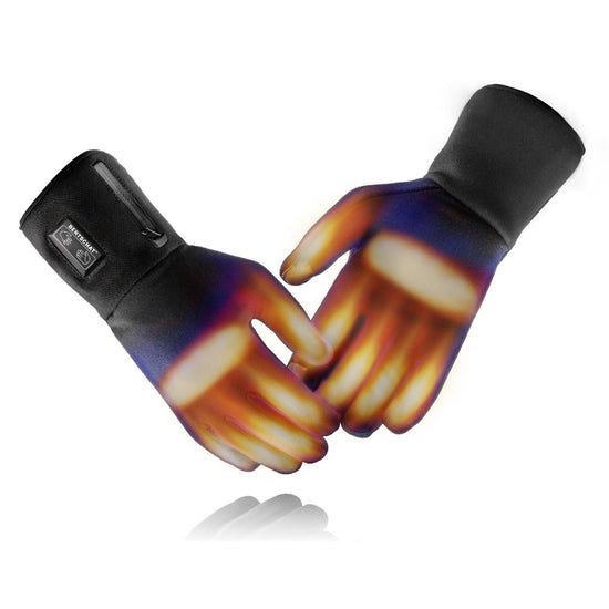 Schwarze Unterziehhandschuhe mit Heizfunktion. Sichtbare Wärme an den Händen. Reißverschluss an der Manschette. BERTSCHAT® Logo.