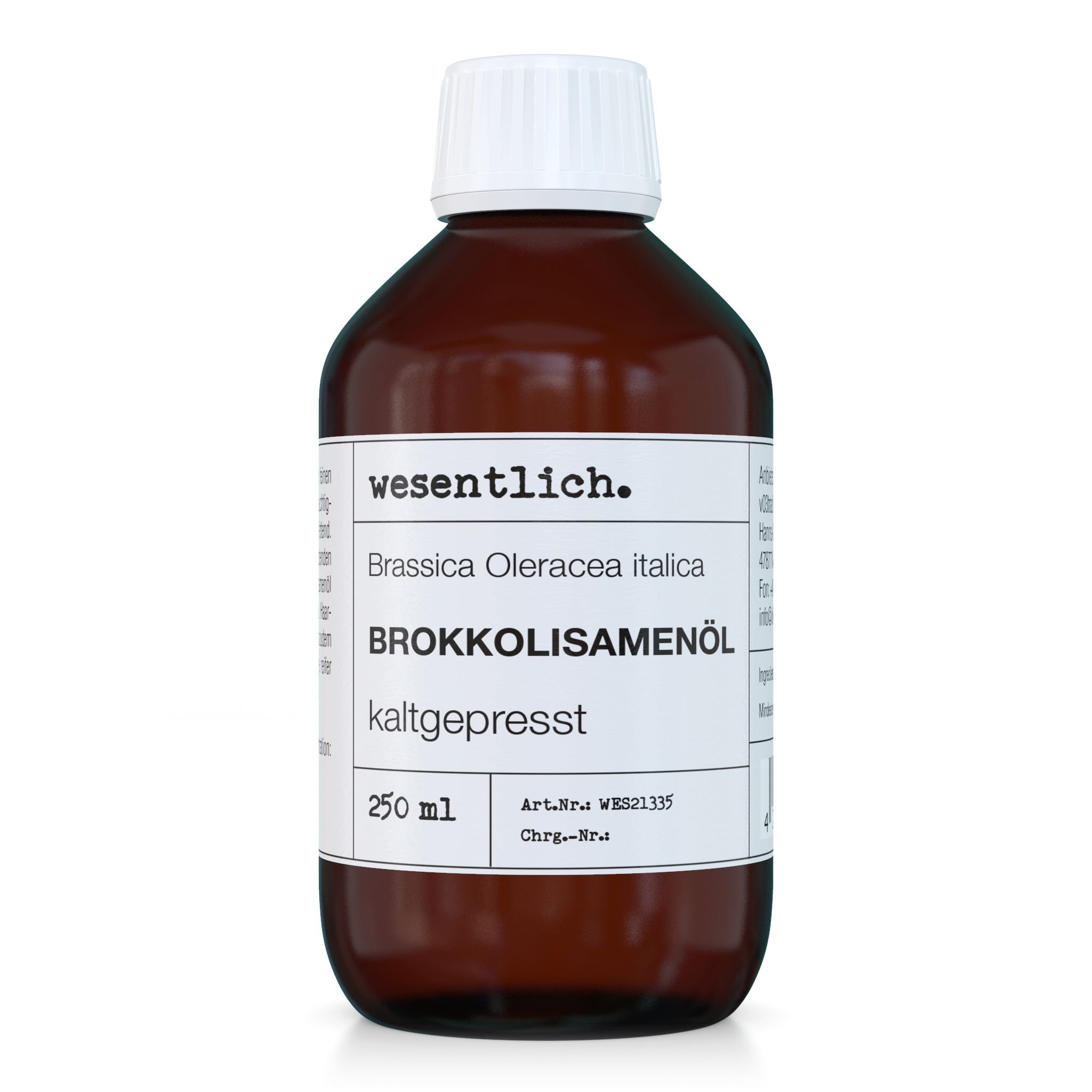 Braune Glasflasche mit weißem Deckel. Etikett mit Produktnamen, Inhaltsstoffen und „kaltgepresst“. 250 ml.