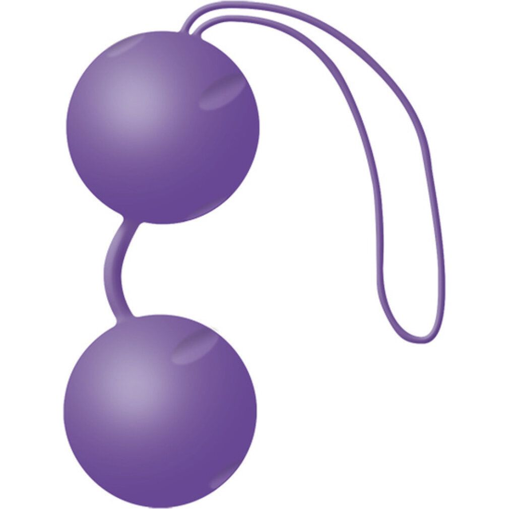 Zwei violette Kugeln mit Verbindungsstück und Schlaufe. Oberseite mit zwei kleinen Vertiefungen.